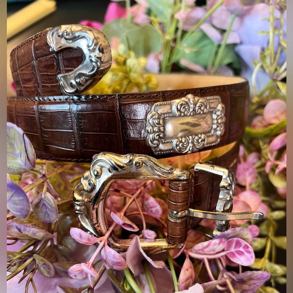 Enmon Vintage Italian Leather Brown & Silver Tone Scroll Concho‎ Moc Croc Belt L